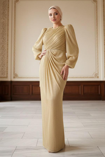 N.S NEVA STYLE Drape Detailed Biscuit Hijab Evening Dress 55172Bs