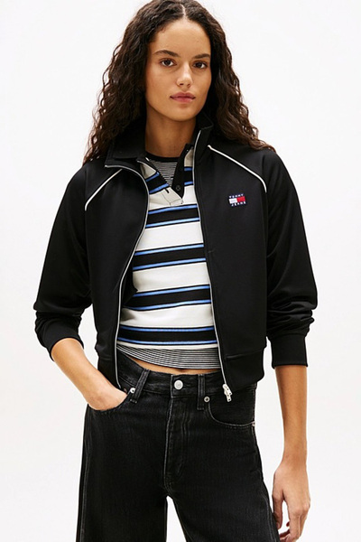 Tommy Hilfiger Kadın Şerit Detaylı Fermuarlı Ceket - Siyah