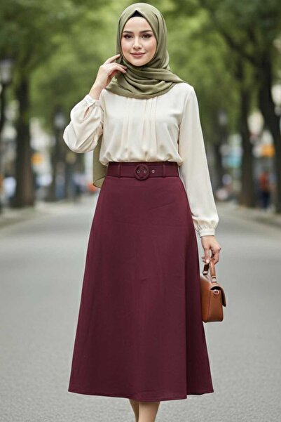 Tesettür Diyarı Women's Belted Hijab Skirt - Burgundy