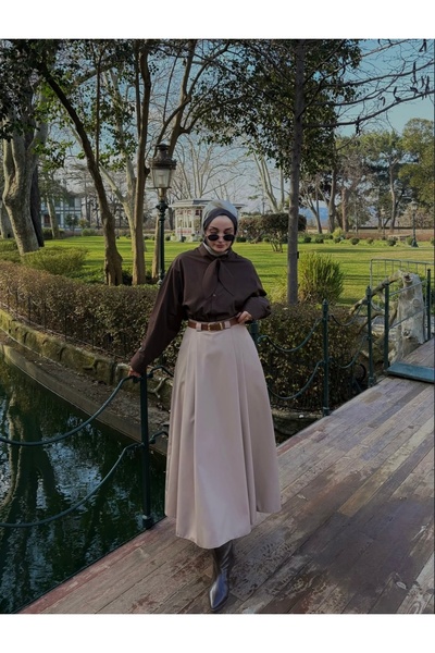 She Olive High-Waisted Tok Duruşlu Cotton Gabardine Long Belted Skirt – Timel...