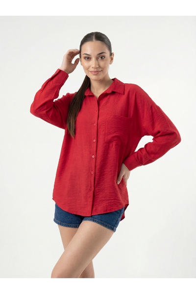 Bigdart 20153 Single Pocket Oversize Linen Shirt - Pomegranate