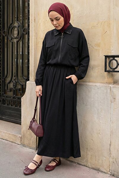 InStyle Black Modal Suit with Stone Collar and Zipper