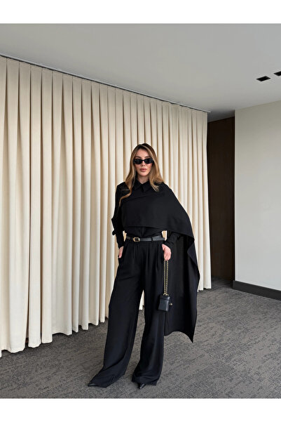 Laluvia Black Belted Shawl Collar Shirt and Trousers Set - 8004