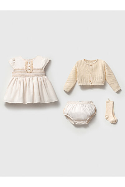 NoyNoy Baby Cream Colored Scallop Detailed Dress and Cardigan Set - Set of 4 ...