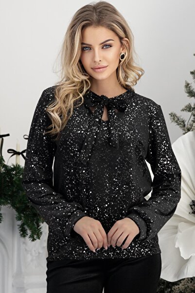 StarShinerS Velvet blouse with gold inserts, loose fit and scarf collar