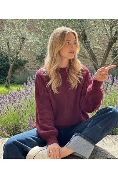 SERMEZ Bordo Oversize Women's Crew Neck Knitwear Sweater Comfortable Fit Dail...