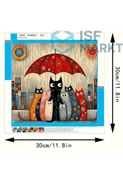ISF MARKT Elmas Boyama Seti - Yağmurda Şemsiye Altında Şirin Kediler Yuvarlak...