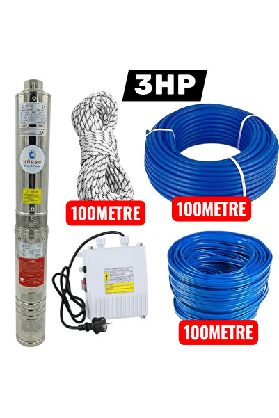 hürsu dalgıç&pompa 3HP 4/26 DALGIÇ POMPA+100METRE KABLO+100METRE HALAT+100 ME...