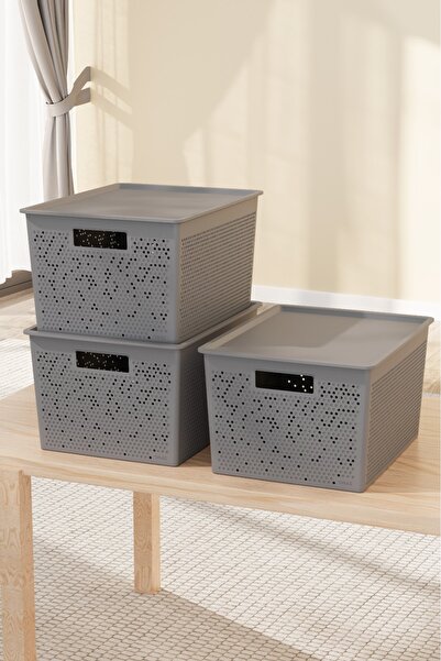 Bayev Grid Gray 3 Pieces 20 Liter Organizer Box with Lid - In-Cabinet Organiz...