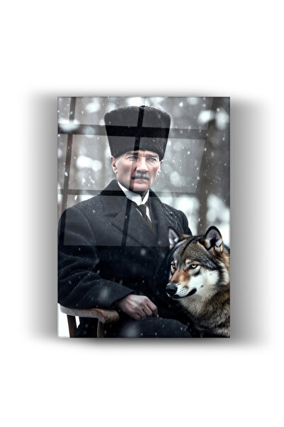 NeoWallArt Mustafa Kemal Atatürk ve Bozkurt Cam Tablo – Kış Temalı Premium Ca...