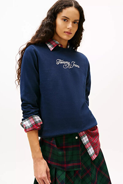Tommy Hilfiger Kadın El Yazısı Nakışlı Bisiklet Yaka Sweatshirt - Lacivert