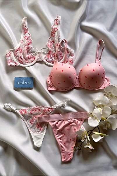 MAİZEN 2-Piece Bra Set Lace Gathering Underwire Pink Heart Bra Set