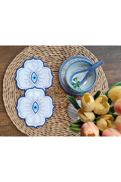 NESTURE Silver Cocktail Coffee Side Presentation Napkin with Evil Eye Embroidery, Pack of 2, Authentic Eye Pattern