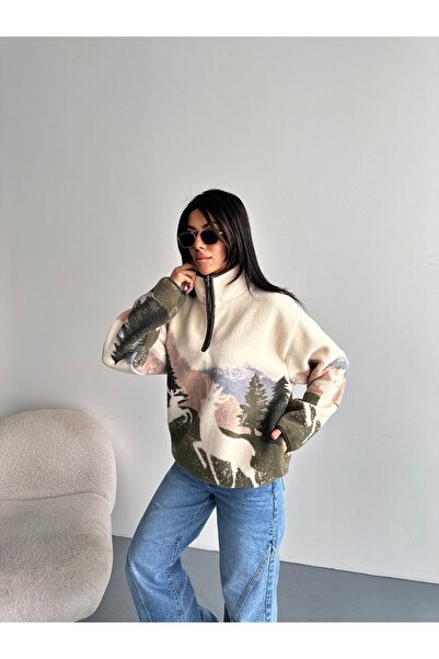 mylunessa Haki Ekru Geyik Desenli Yarım Fermuarlı Model Polar Peluş Sweatshirt