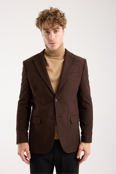 MASERTO Erkek Kahverengi Slim Fit Kadife Blazer Ceket