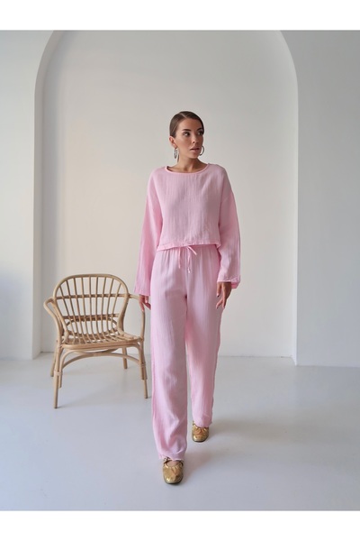 Paw Garage Kadın Trend Uzun Kol Crop Pantolon Takım - Müslin Kumaş