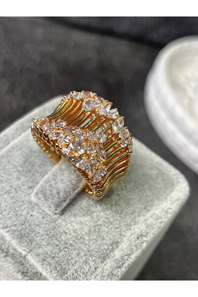 Luxiva premium kalite zirkon taşlı 18k altın kaplama çelik yüzük