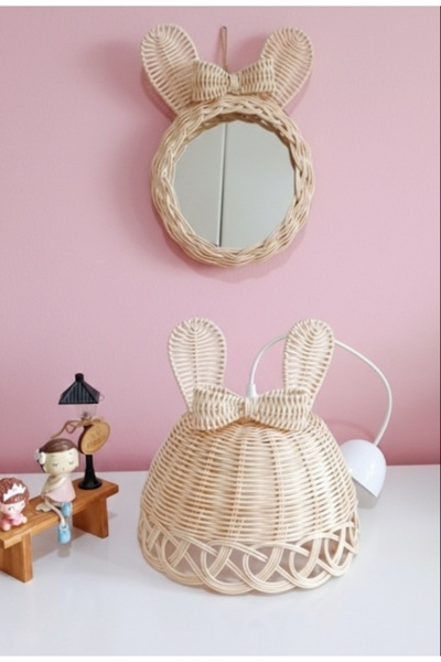 Ebruli Rattan bambu Avize ve Ayna Takımı