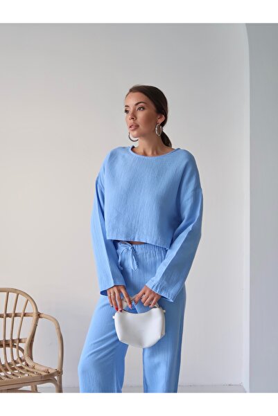 Paw Garage Women's Trendy Muslin Fabric Long Sleeve Crop Pants Set