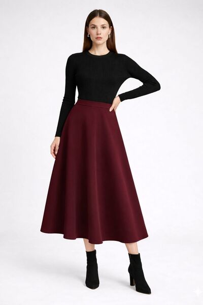 mor butik Women's Burgundy Flared Model Maxi Length Daily Stylish Skirt Eks01