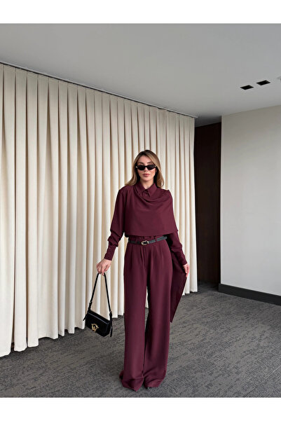 Laluvia Burgundy Belted Shawl Collar Shirt and Trousers Set - 8004