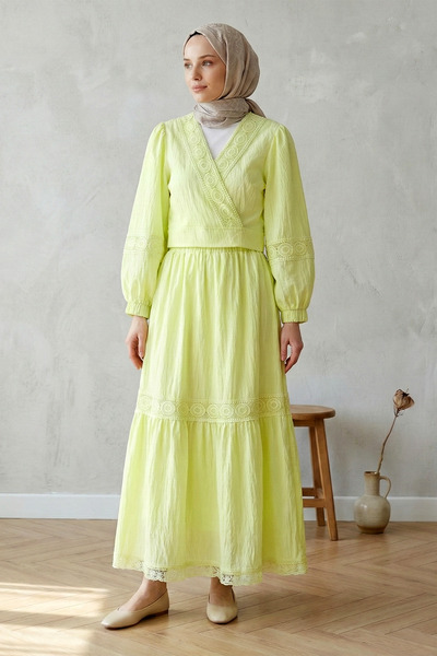 FERHEL Women's Lace Detailed Tie-Up Skirt Suit with Elastic Sleeves - Light Y...