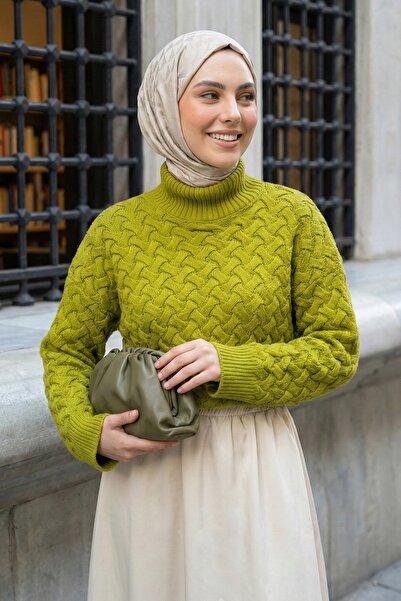 InStyle Braided Oil Green Turtleneck Knitwear Sweater