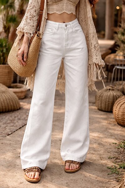 Dema Women's White High Waist Wide Leg Pants, Comfortable Fit & Casual