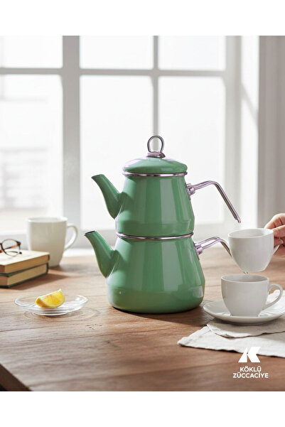 Köklü Züccaciye Su Yeşili Emaye Çaydanlık Takımı