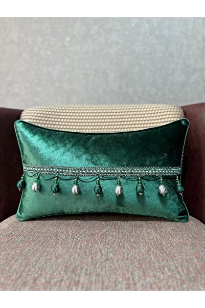 Fabricland Dokuma Kadife Atlas Zümrüt Yeşil Boncuk Püsküllü 30x50 DİKDÖRTGEN