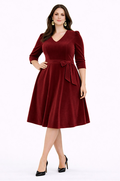 RURIS Women's Burgundy Velvet Three Quarter Sleeve V-Neck Belted Flared Midi ...