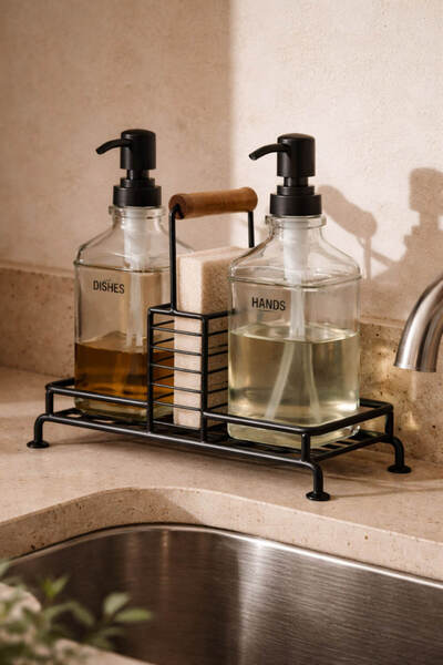 Anadolu Saray Set of 2 Stainless Steel Liquid Soap Dispensers and Detergent H...