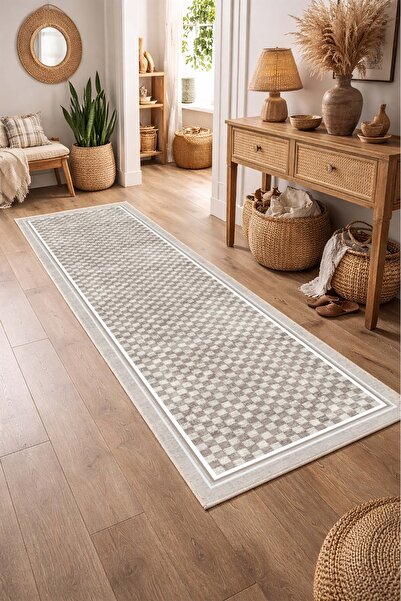 CENTER AVM Bej Halı Yolluk Makinede Yıkanabilir Halı Kaymaz Taban Halı