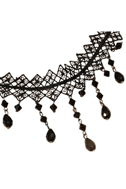 CRM Colier elegant tip choker pentru femei, CRM, negru cu dantelă și elemente decorative