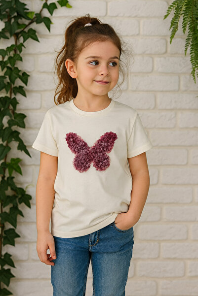 FASHION PULSE TEKSTIL Girls' 100% Cotton Ecru Color Butterfly Embroidered T-S...
