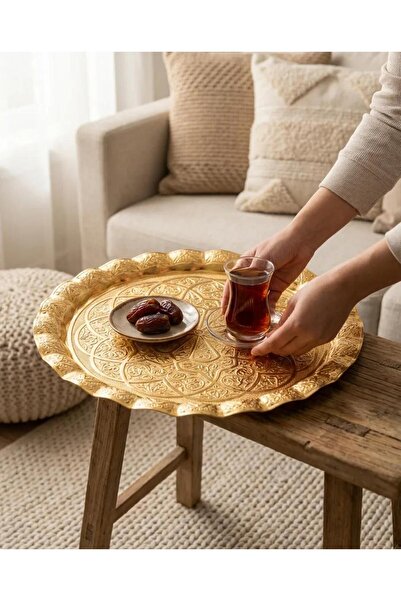 ArnaBella Round Patterned Gold Serving Tray 35 cm