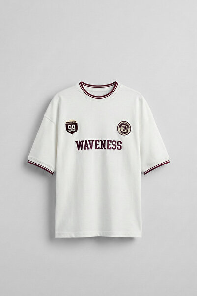 ablukaonline Men's Oversize Embroidered Contrast Collar College T-Shirt Ecru