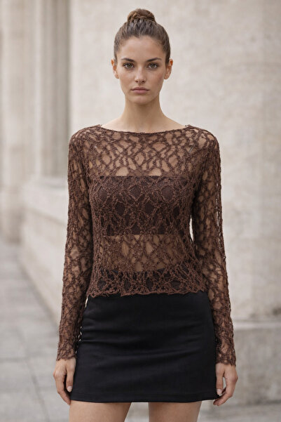 kikiriktekstil 10970 Bluză de damă cu decolteu barcă și dantelă transparentă