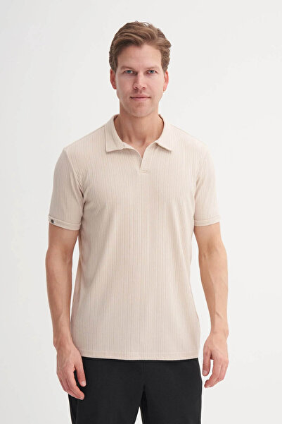Cazador Regular Fit Knitted Textured Beige Men's Polo Neck T-Shirt 42040