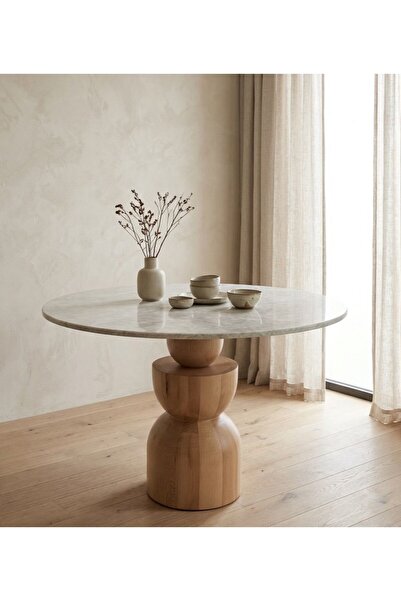 silla Concept Döküm Mermer Yuvarlak Üst Tablalı Boğum Ayaklı Naturel Ahşap Ma...