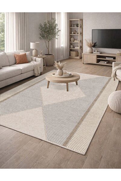 CENTER AVM Krem Halı Salon Halısı Makinede Yıkanabilir Halı Kaymaz Taban Halı