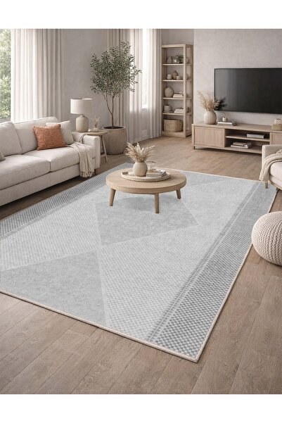 CENTER AVM Gri Halı Salon Halısı Makinede Yıkanabilir Halı Kaymaz Taban Halı