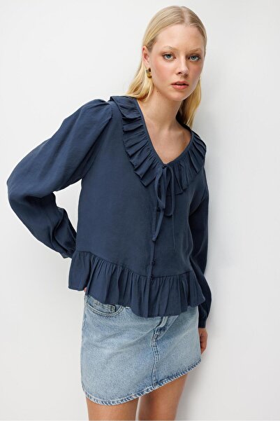 Mixray 4813 Women's Flounce V-Neck Blouse Navy Blue