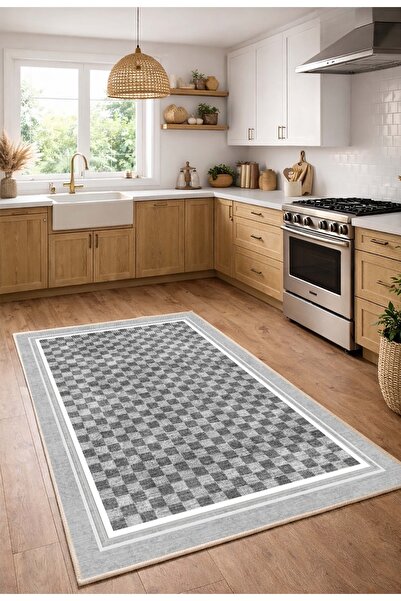 CENTER AVM Gri Halı Mutfak Halısı Makinede Yıkanabilir Halı Kaymaz Taban Halı