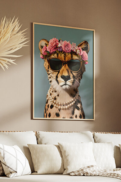 Yoko Home Tablou cu ramă din lemn, design maximalist cu ghepard și coroană fl...