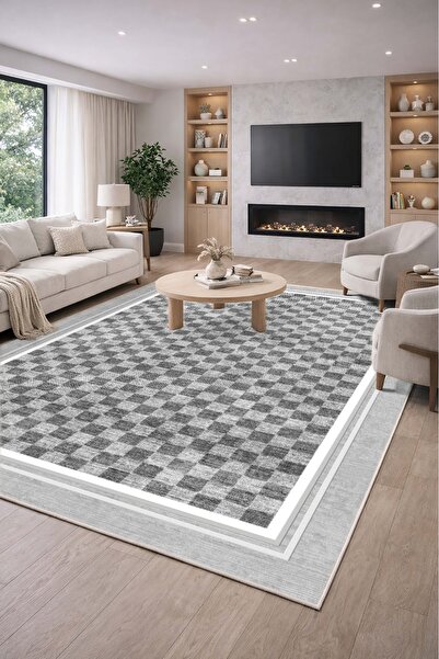 CENTER AVM Gri Halı Salon Halısı Makinede Yıkanabilir Halı Kaymaz Taban Halı