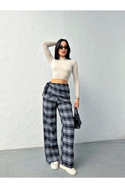 ZF BUTİK Pantaloni de damă în carouri cu picior larg, cu detaliu de legare