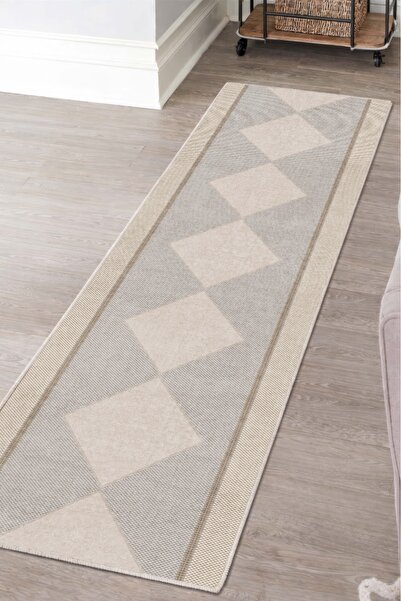 CENTER AVM Krem Halı Yolluk Makinede Yıkanabilir Halı Kaymaz Taban Halı