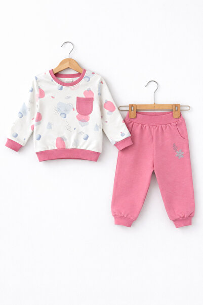 Aziz Bebe Baby Girl Patterned Sweatshirt and Sweatpants Set with Pockets
