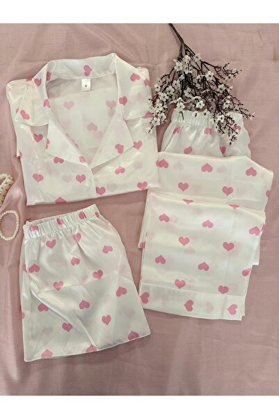 MH Moony Homewears 3-Piece Menfos Pink Heart Satin Pajama Set